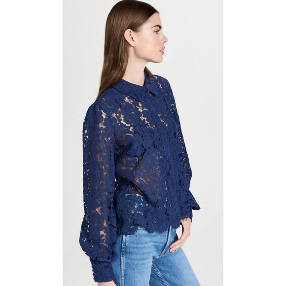 Generation Love Navy Jada Lace Blouse Button Down Top Size Small - Picture 2 of 14